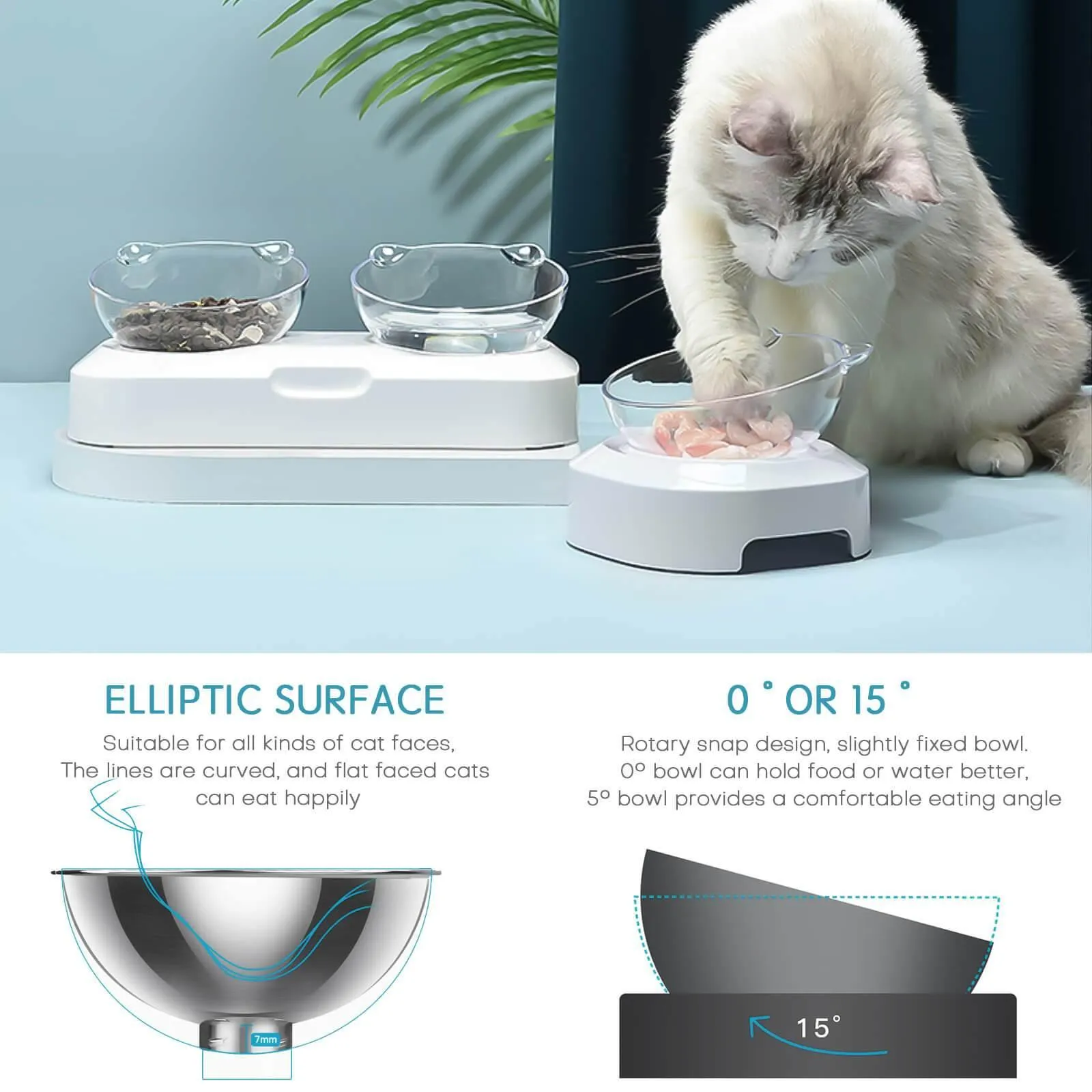 Single/Double Pet Bowls w/Raised Stand 15° Tilted Cat Feeder