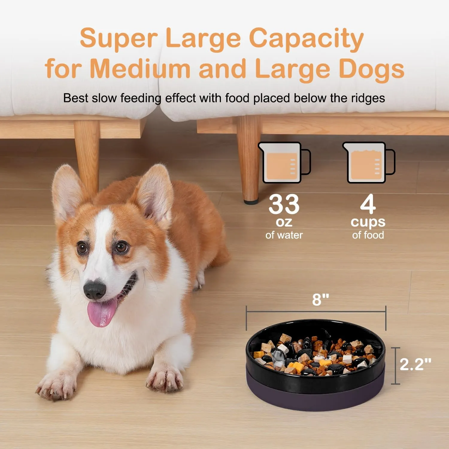 Sted Ceramic Slow Feeding Dog Bowl with Silicone Base, Small Medium Breed, Slow Down Eating, Puzzle Dog Food Bowl, Maze Black