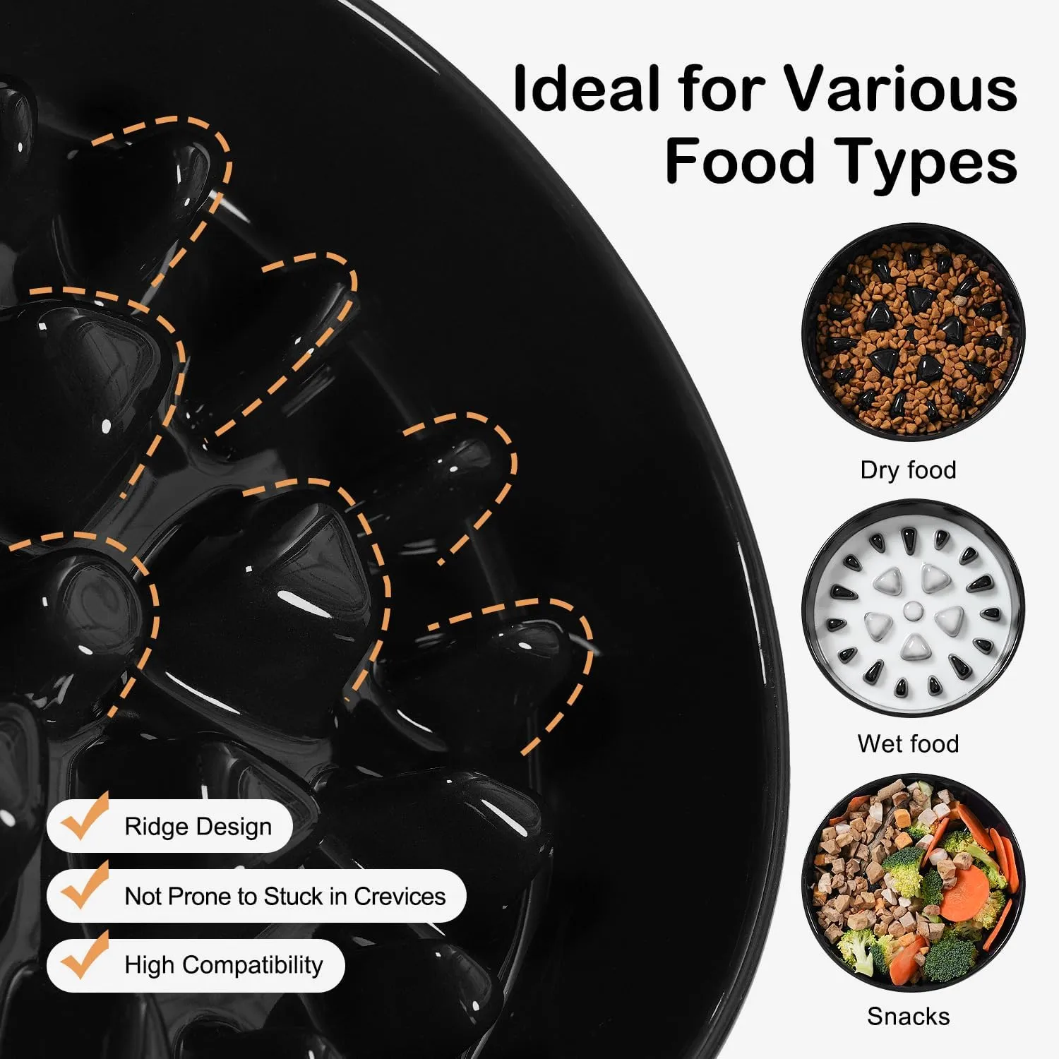 Sted Ceramic Slow Feeding Dog Bowl with Silicone Base, Small Medium Breed, Slow Down Eating, Puzzle Dog Food Bowl, Maze Black