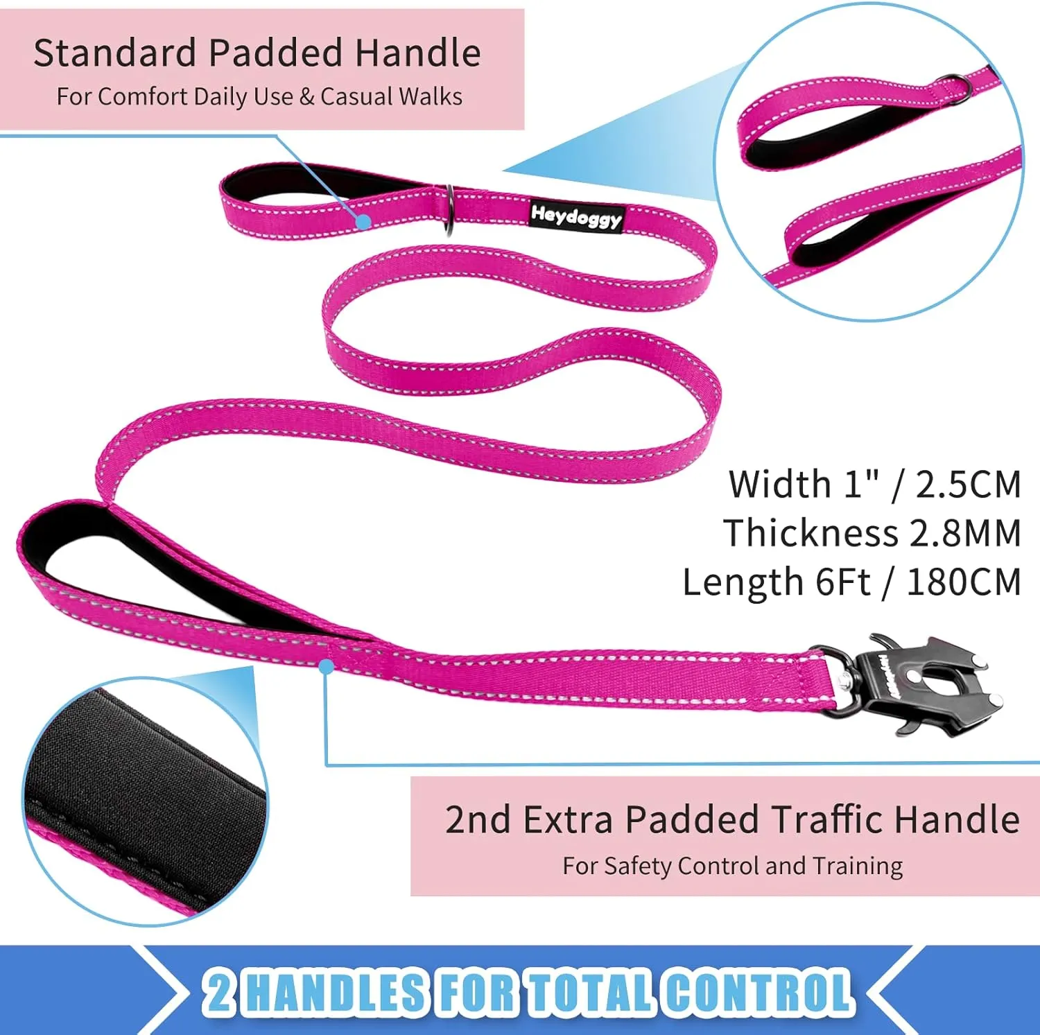 Strong Heavy Duty Dog Leash - 6ft Reflective Nylon Training Leash with Soft Padded Double Handle & Auto Lock Frog Clip, Safety Traffic Control for Large Medium Small Dogs No Pull Walking (HotPink,6ft)