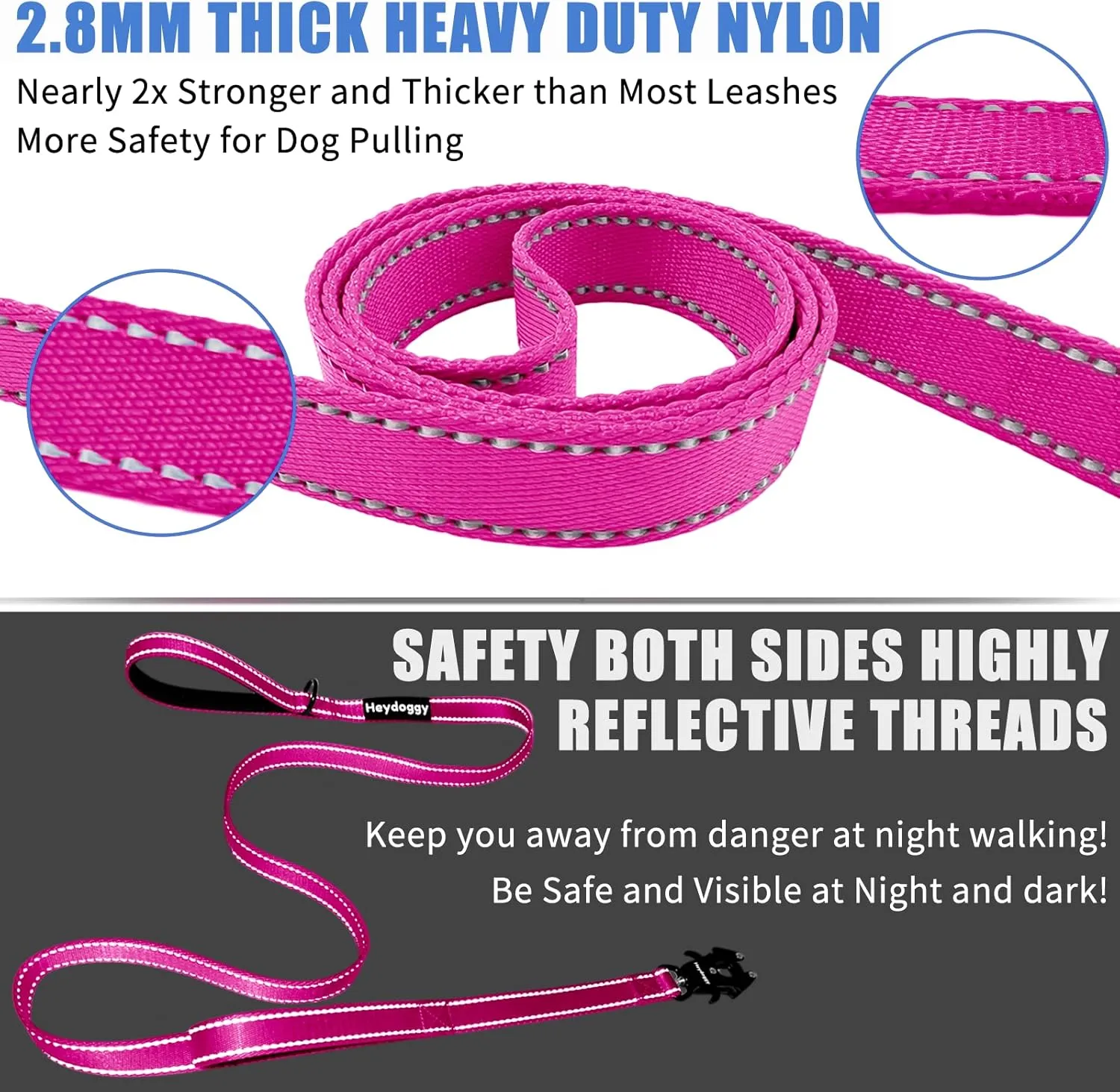 Strong Heavy Duty Dog Leash - 6ft Reflective Nylon Training Leash with Soft Padded Double Handle & Auto Lock Frog Clip, Safety Traffic Control for Large Medium Small Dogs No Pull Walking (HotPink,6ft)