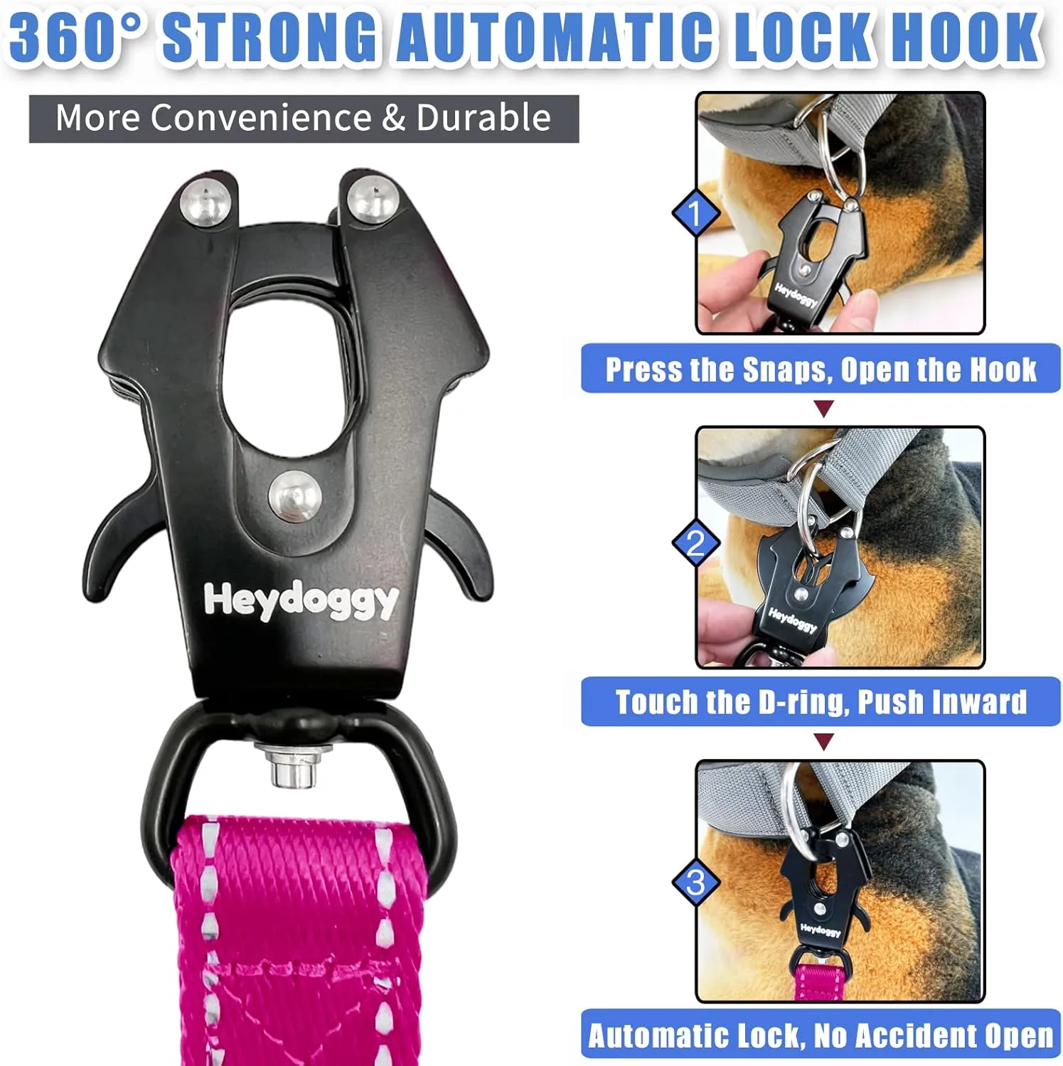 Strong Heavy Duty Dog Leash - 6ft Reflective Nylon Training Leash with Soft Padded Double Handle & Auto Lock Frog Clip, Safety Traffic Control for Large Medium Small Dogs No Pull Walking (HotPink,6ft)
