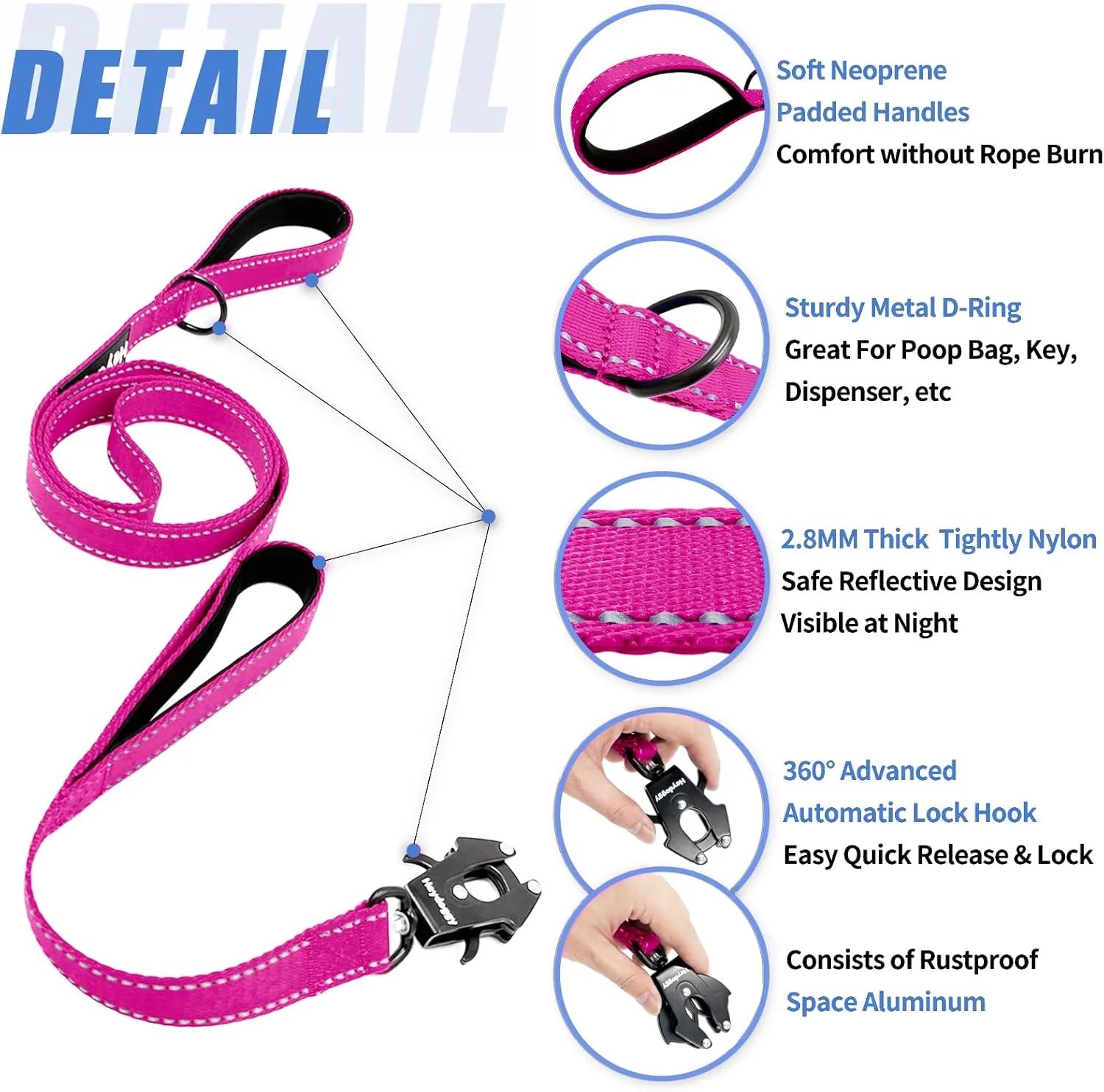 Strong Heavy Duty Dog Leash - 6ft Reflective Nylon Training Leash with Soft Padded Double Handle & Auto Lock Frog Clip, Safety Traffic Control for Large Medium Small Dogs No Pull Walking (HotPink,6ft)