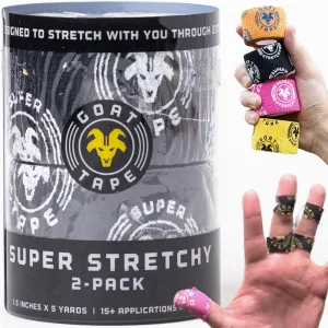 Super Stretchy Thumb Tape - Weightlifting Hook Grip Tape & WOD Tape for Cross Training, Gym Workout Tape, Athletic Finger Wrap - Flexes with Every Move - 15 Feet per Roll (Black 2-Pack)
