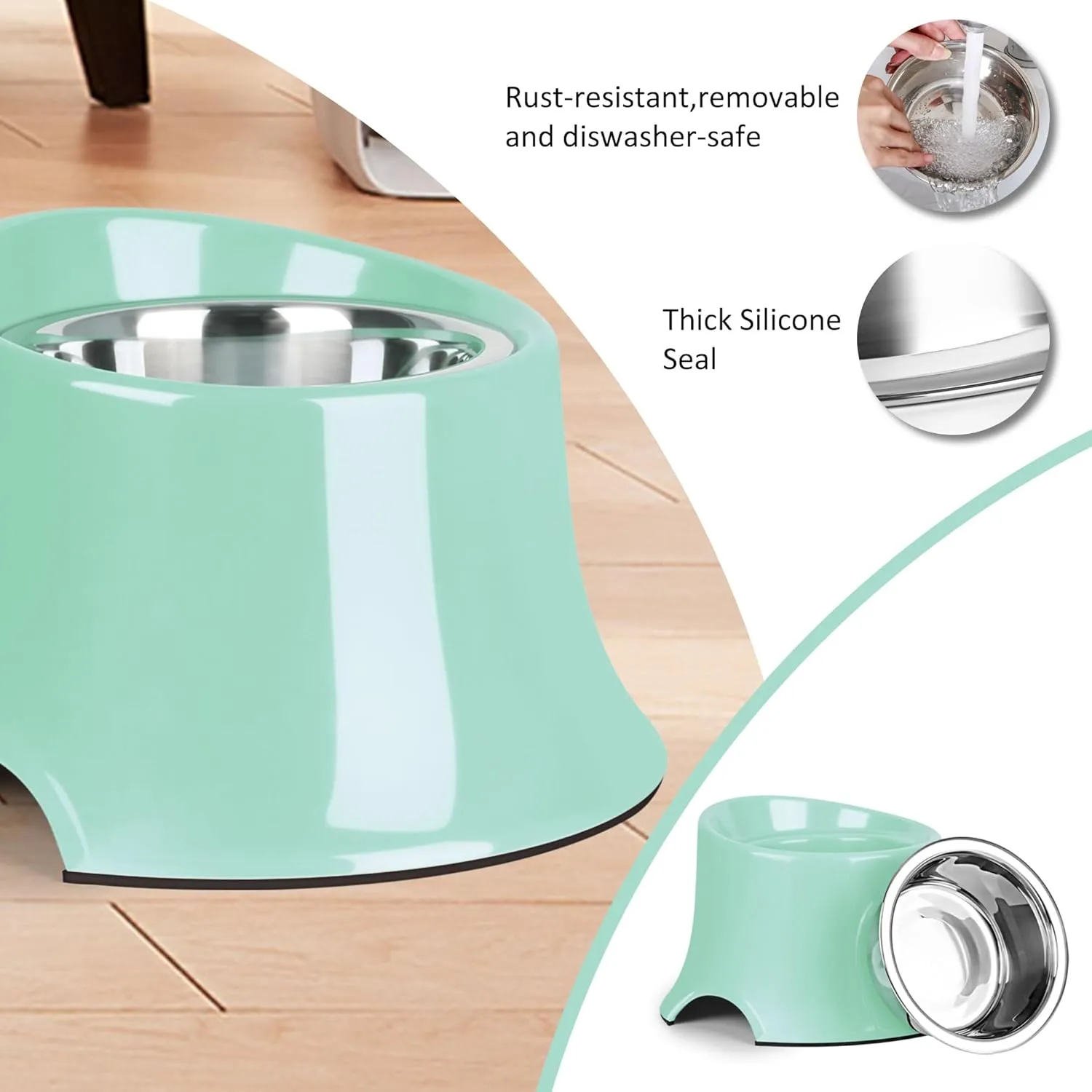 Tilted Elevated Dog Bowls Non-Slip & Non-Spill Pet Feeder with Elevated Detachable Melamine Stand, High Capacity Tilted Dog Bowl for Medium Small Size Dogs M/2 Cup Green