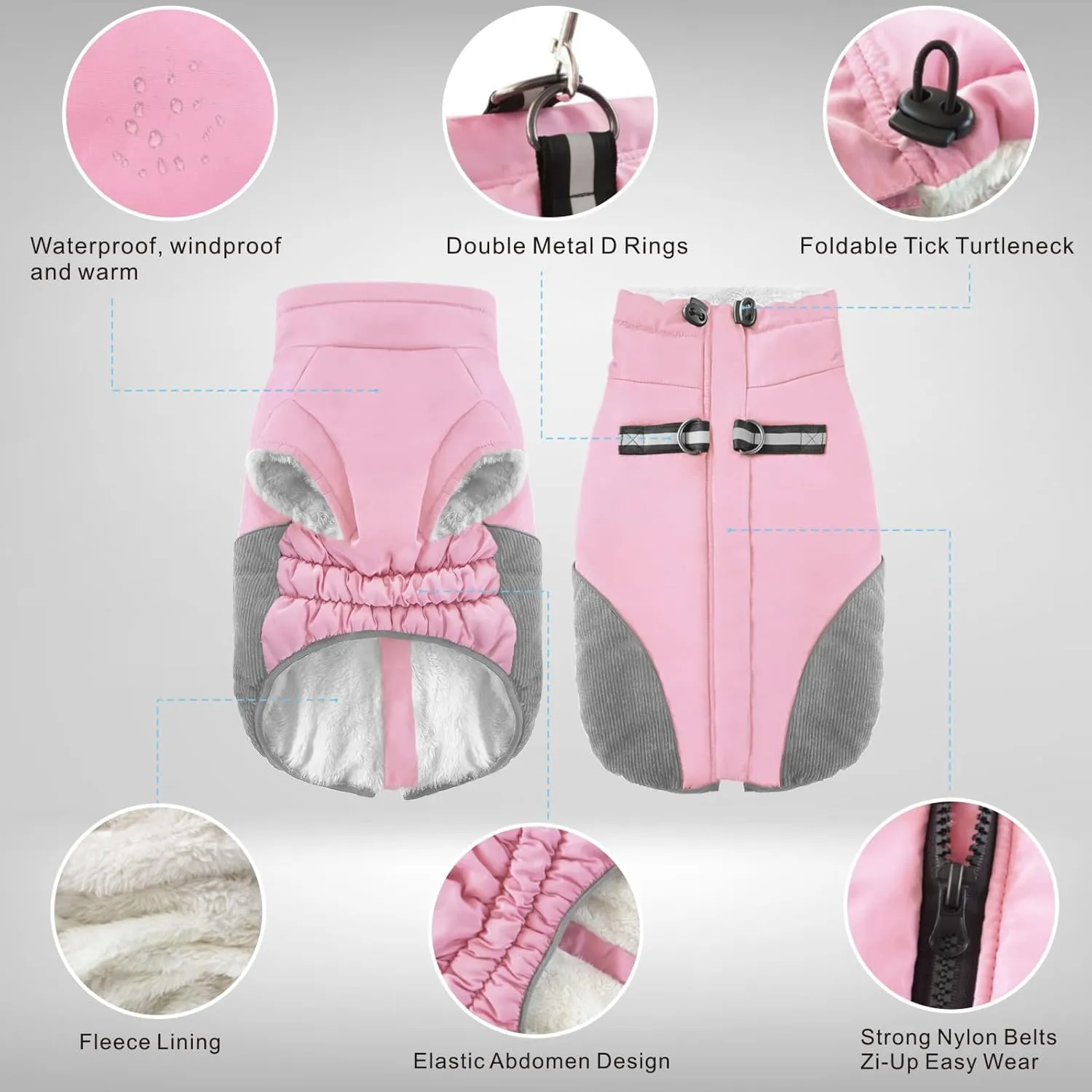 Winter Coat Jacket for Dogs - Cold Weather Warm Fleece Lined Clothes, Windproof Reflective Turtleneck Snowsuit With Harness Vest for Small Medium Large Dogs - Pink L