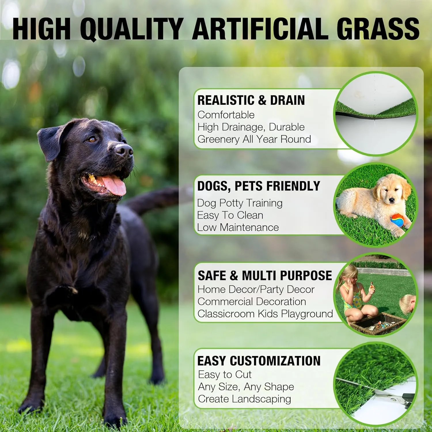 XLX TURF 5 FT x 7 FT Thick Artificial Grass Rugs Indoor Outdoor Use, Pets Fake Grass Pee Pads for Dogs, Patio Balcony Backyard Garden Lawn Decor
