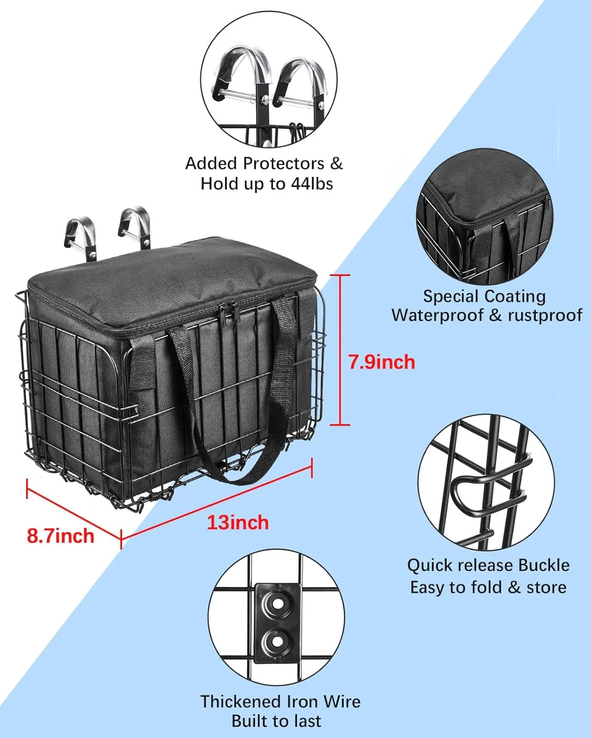 Zacro Bike Basket Front/Rear, Folding Bicycle Basket with Removable Liner Bag, Large Quick Release Design Metal Ebike Basket for Adult Women/Men Carrying Dogs, Pets, Fruit & Grocery