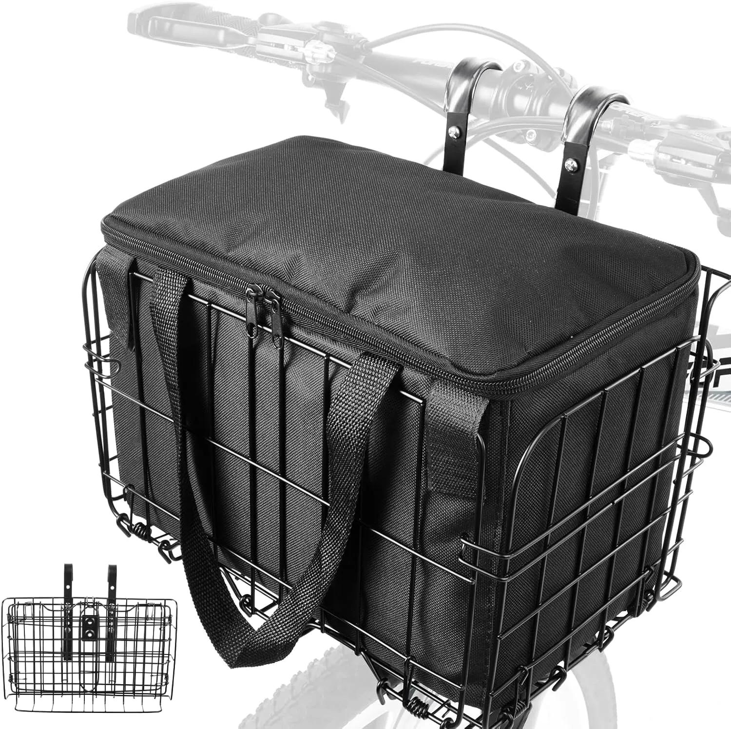 Zacro Bike Basket Front/Rear, Folding Bicycle Basket with Removable Liner Bag, Large Quick Release Design Metal Ebike Basket for Adult Women/Men Carrying Dogs, Pets, Fruit & Grocery