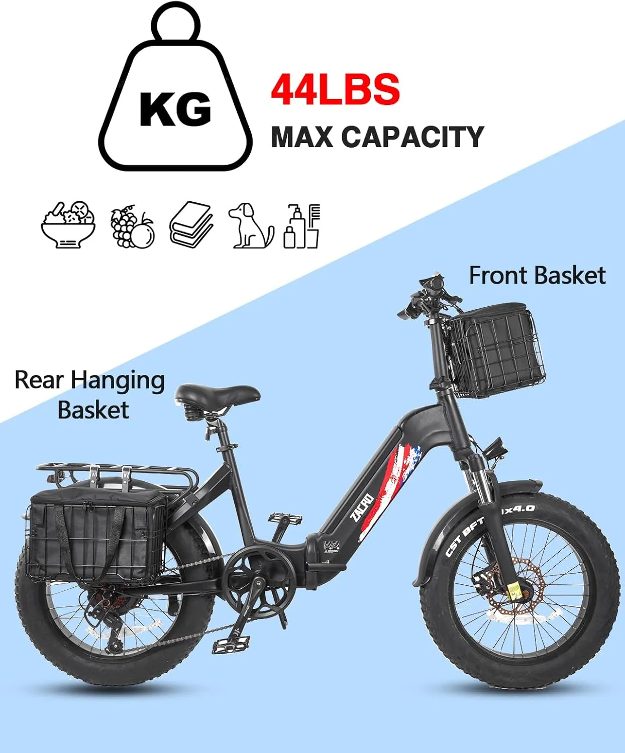 Zacro Bike Basket Front/Rear, Folding Bicycle Basket with Removable Liner Bag, Large Quick Release Design Metal Ebike Basket for Adult Women/Men Carrying Dogs, Pets, Fruit & Grocery